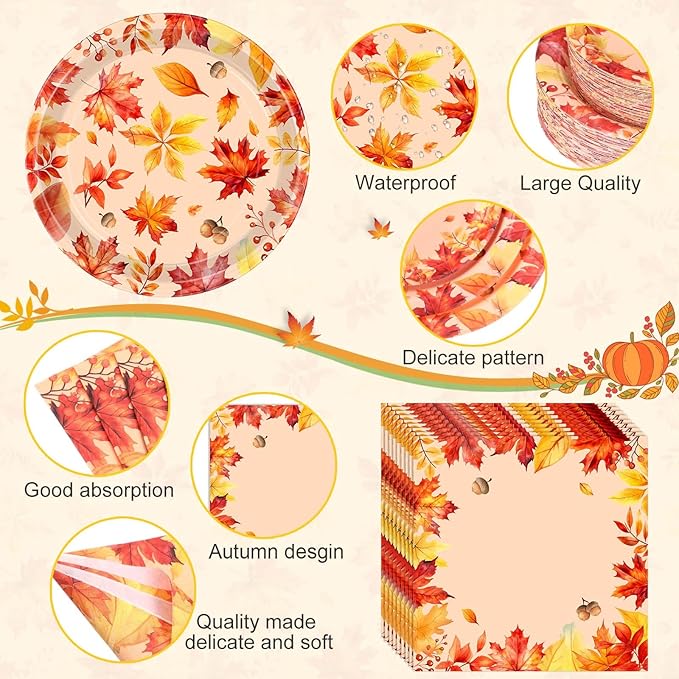 452 Pcs Thanksgiving Fall Party Decorations, Maple Leaves Thanksgiving Paper Plates Napkins Cups Tablecloth Cutlery Straws for Autumn Fall Theme Birthday Holiday Party Supplies, Serves 50