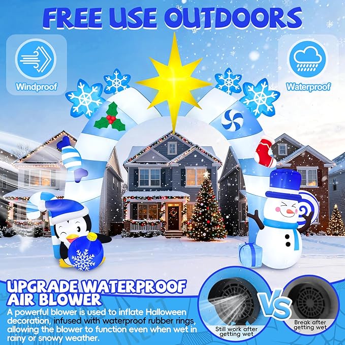 16FT Christmas Inflatable Archway with LED Light, Kalolary Blue Winter Snowman Penguins Inflatable Merry Christmas Blow Up Outdoor Decoration for Courtyard Lawn Shopping Mall Street