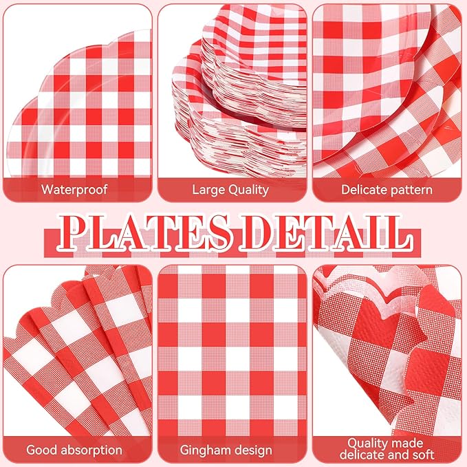 452 Pcs Red Gingham Party Supplies for 50, Red and White Gingham Checkered Paper Plates Napkins Cups Tablecloth Cutlery Straws for Birthday Family Picnic Camping Barbecue Party Decoration