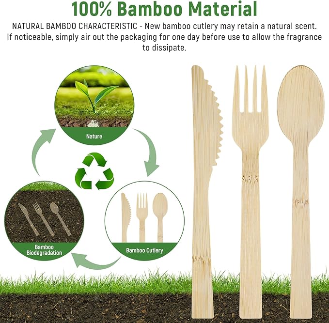 Pre Rolled Napkin and Bamboo Cutlery Set - 50Pack Bamboo Utensils/Compostable Cutlery with Brown Napkins, Biodegradable Wrapped Cutlery for Party, Wedding, Events