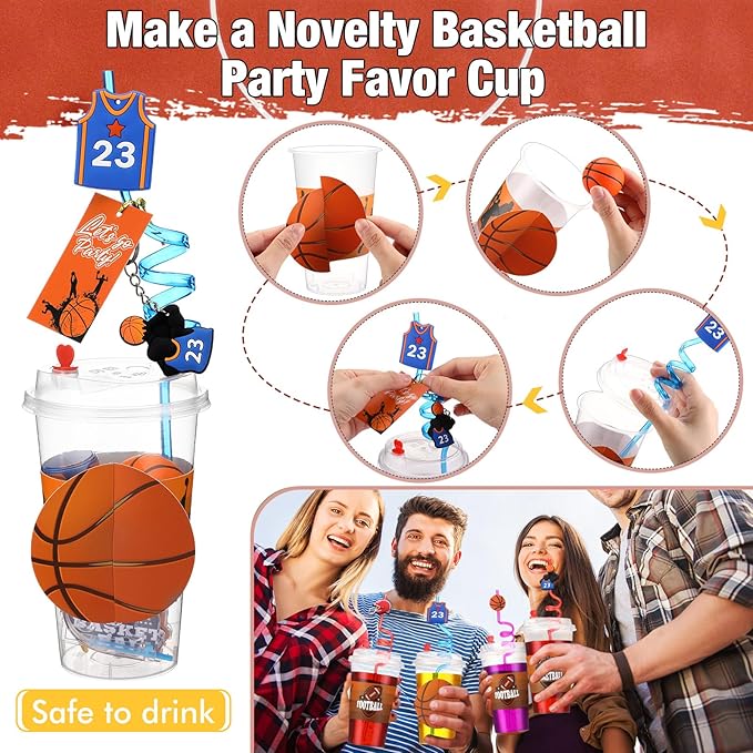 Party Favors Set with Cup Straw Cup Sleeve Bouncy Ball Mini Pinball Machine Keychain Sticker Clap Bracelet Tag for Sport Reward Birthday Gift Party Supplies(195 Pcs,Basketball)