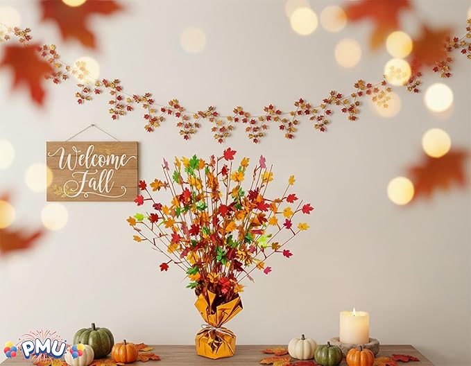 PMU 12Pc Thanksgiving Bursting Party Decoration for Autumn Harvest Seasonal Event, Fall Maple Leaves Table Centerpiece Metallic Foil Spray Centerpieces 15in Red,Gold,Green