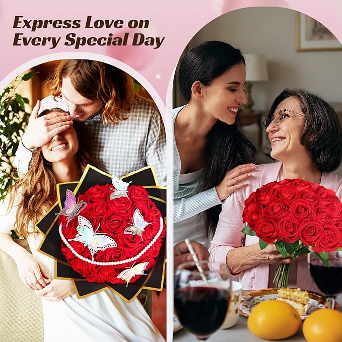 50 Pcs Fake Red Roses Artificial Flowers Bulk, Faux Velvet Silk Rose Bouquet with Long Stems Real Look for Wedding Party Centerpieces Vases Decor