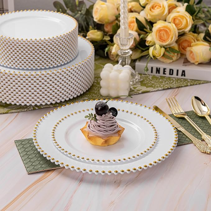 HOMIP 75Pcs Gold Plastic Dinnerware Set - Pearl-Beaded Rim Plates & Baroque Forks, Spoons, Knives, Perfect for Elegant Wedding, Banquet & Party