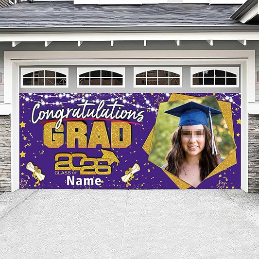 Custom Garaduation Garage Door Banner Cover 16 x 7 ft Class of 2026 Congrats Grad Party Backdrop Personalized Graduation Decoration(Purple and Gold)