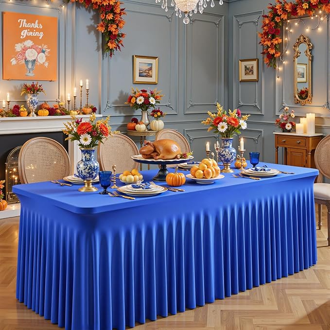 6 Packs Royal Blue Table Clothes for 6 Foot Rectangle Tables, One-Piece Wrinkle Resistant Stretch Spandex Table Covers with Skirt for Event Banquet Wedding Birthday Party