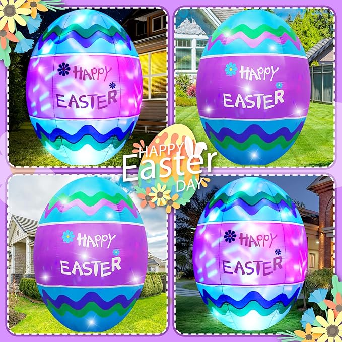 6FT Easter Egg Inflatable Outdoor Yard Decoration Build-in LED Lights,Colorful Large Easter Painted Eggshell Blow up Lighted-up Decorations Holiday Addition for Party,Garden,Lawn,Porch