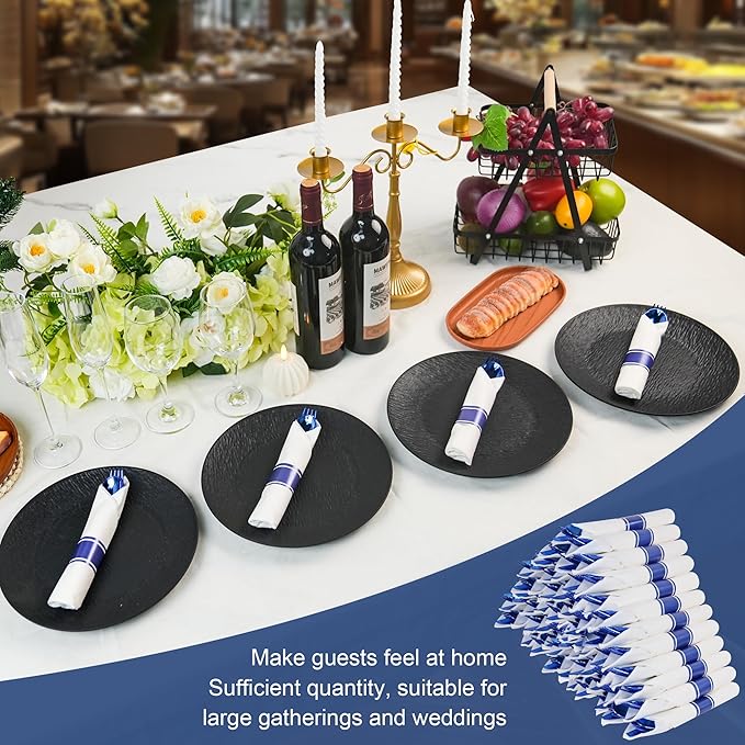 800 PCS Pre Rolled Napkin and Cutlery Set, Premium Blue Plastic Flatware Sets Wrapped in Napkin, Disposable Cutlery Set with 200 Forks, 200 Knives, 200 Spoons, 200 Napkins for Wedding, Party，Dinner