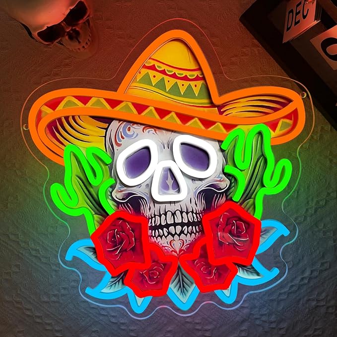 Day of the Dead Neon Sign, Mexican Sugar Skull LED Neon Light Signs for Wall Decor Mexican Calavera Sign for Home Bar Restaurant Día de Muertos Party Decorations Dimmable USB Powered(13.2"*12.6")