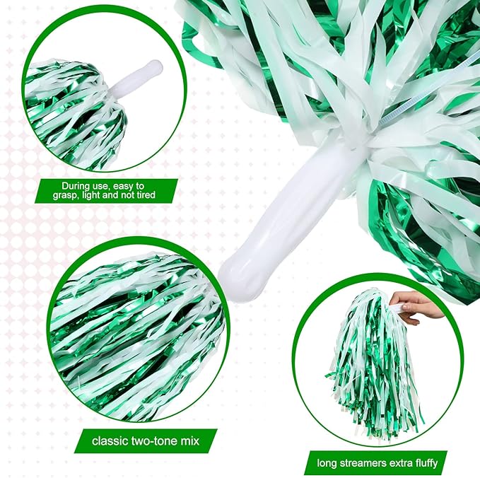 Hanaive 100Pcs Metallic Cheerleading Pom Poms with Baton Handle Cheerleader Pompom Foil 30g Cheering Squad Hand Flowers for Adults Team Spirit Sports Party Cheering