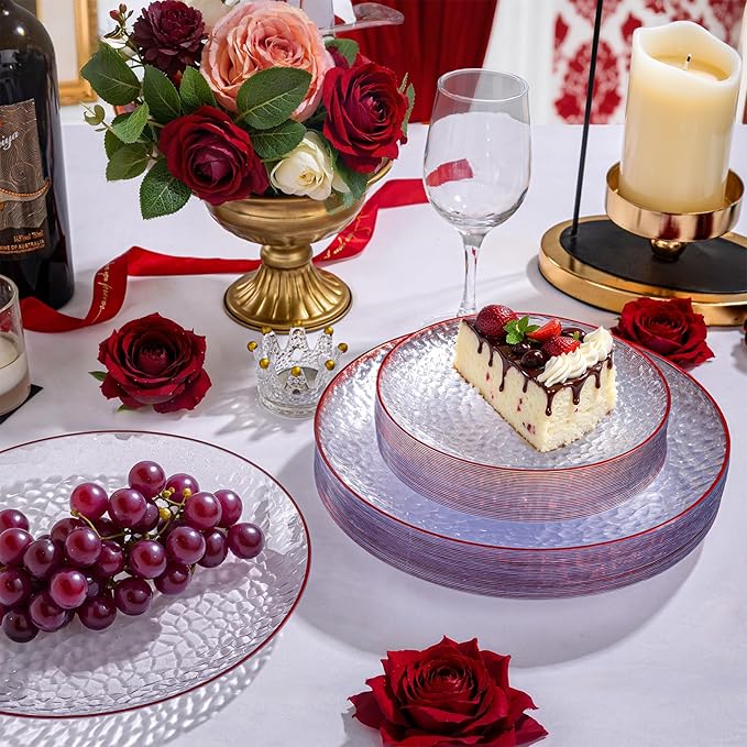 Rubtlamp 60Pcs Red Plastic Plates, Clear Plastic Plates With Red Rim, Heavy Duty Disposable Plates for Party, Fancy Hammered Plates Include 30 Red Dinner Plates 30 Clear Cake Plates