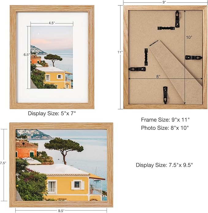 Axeman 8x10 Picture Frame - Solid Oak Wood 8''x10'' Frame With Mat For 5x7, 8 x 10 Photo Frame Wood, Plexiglass And Hanging Hardware Included, Wall And Tabletop Display, Oak 3PCs
