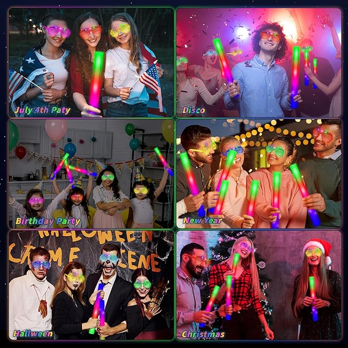 Glow in the Dark Party Supplies Set Bulk Neon Party Favor Toys Includes 20 Led Light up Glasses 10 Color20 Light up Foam Sticks Bulk for Disco Wedding Birthday Concert Halloween Raves Party