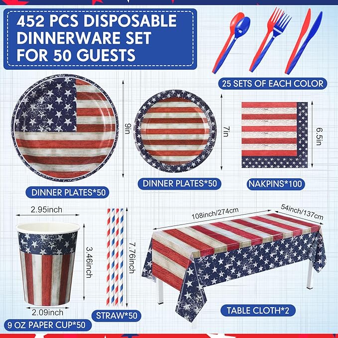 452 Pcs 4th of July Party Supplies for 50 Guests, American Flag Patriotic Paper Plates Napkins Cups Tablecloth Cutlery Straw White Red and Blue Tableware for Fourth of July Party Decoration