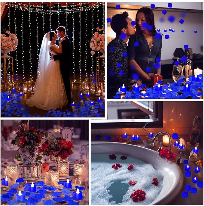 Coume 6000 Pcs Artificial Rose Petals with 120 Pcs Heart LED Tea Lights Candles Kit Valentines Rose Petals Candles Set for Romantic Night Anniversary Proposal Wedding Date Hotel(Blue Light)