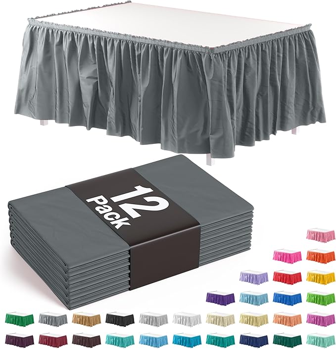 Exquisite Ruffle Table Skirt Silver Pack Of 12, 14 Ft Long Table Skirts for Rectangle Tables 6ft Plus or Round Tables Skirts with Adhesive Strip for Gender Reveal Decor & Happy Birthday Parties