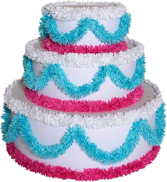 Anderson's 3-Tier Pink & Blue Trim Pop-Out Cake, Life-Size Jumbo Prop for Surprise Entrances, Weddings, Birthdays, Holidays, Stage Reveals, Photo Ops – Includes Tools, Reusable, 46" x 50"