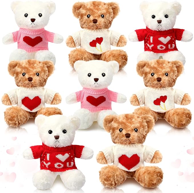 Hungdao 8 Pcs Valentines Bears Bulk 9.84 Inch Valentines Stuffed Animals Bulk Small Cute Plush Bears with Heart Clothes Valentine Gifts for Girlfriend Mother's Day Wedding Birthday Party(Sweet Style)
