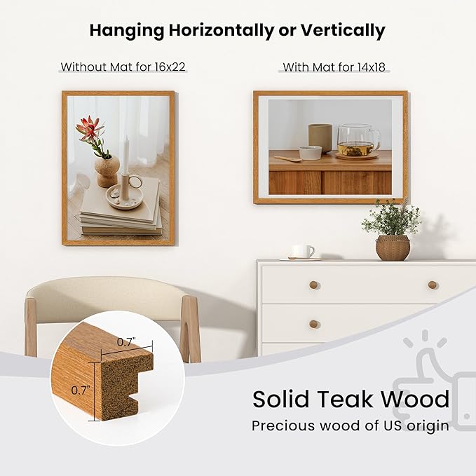 Axeman 16x22 Picture frame with mat for 14x18, Tempered Glass and Hanging Hardware Included Natural Teak Home Decor Art Hanging Frame, Natural Teak