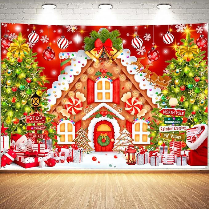 Christmas Backdrops for Photography, Gingerbread House Photo Backdrop for Wall Photoshoot, Xmas Background Holiday Party Decorations 8x6FT