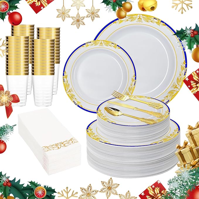 MENDENG 350pcs Plastic Plates for Party Plates Disposable Heavy Duty Platos Desechables Elegantes for Wedding Reception Thanksgiving Christmas Plates and Cups and Napkins and Gold Cutlery Sets