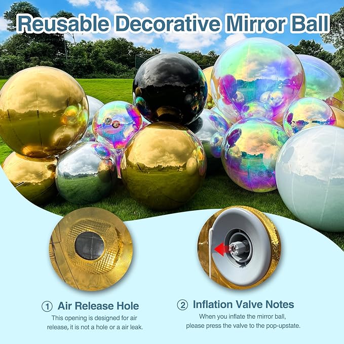 Gold Inflatable Mirror Ball, Big Shinny Mirror Balls Reusable Large PVC Disco Ball Balloon for Large Event Decoration, Party, Concerts, Stage, Wedding Decor, Without Air Pump(2 Pcs, 19.7in)