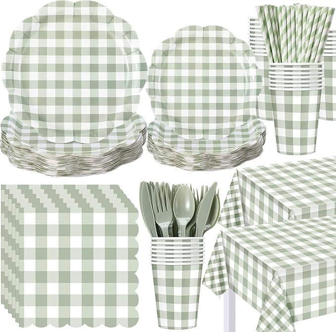 452 Pcs Sage Green Gingham Party Decorations Include White and Green Checkered Paper Plates Napkins Cups Tablecloth Cutlery Straws for Birthday Baby Shower Wedding Party Supplies