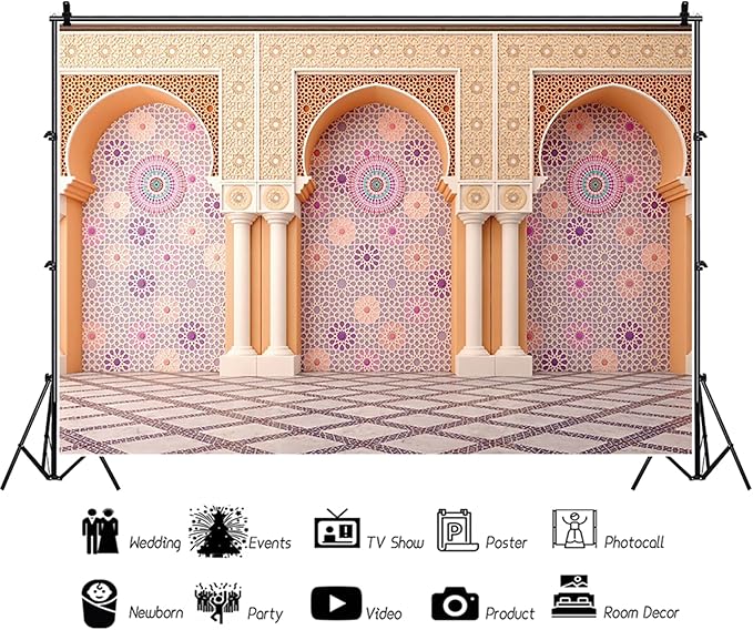 Baocicco 15x10ft Vinyl Moroccan Palace Backdrops for Photoshoot Orange Vintage Mandala Column and Arch Middle Eastern Style Photography Background Moroccan Birthday Wedding Party Decorations Photo