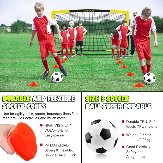 Kids Soccer Goals for Backyard Set of 2, 6x4 ft Portable Toddler Soccer Goal Training Equipment with Soccer Target, Ball, Cones, Soccer Net for Kids Age 3-5 6-8 8-12 10-12-14 Outdoor Sports Games Gift