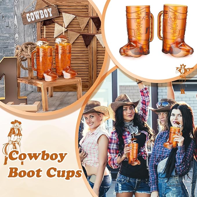 36 Pcs Cowboy Party Supplies, 12 Brown Cowboy Drink Mugs 12 Cowgirl Hat Straws 12 Mirror Disco Ball Stirrers for Western Theme Birthday Party Favors Decoration