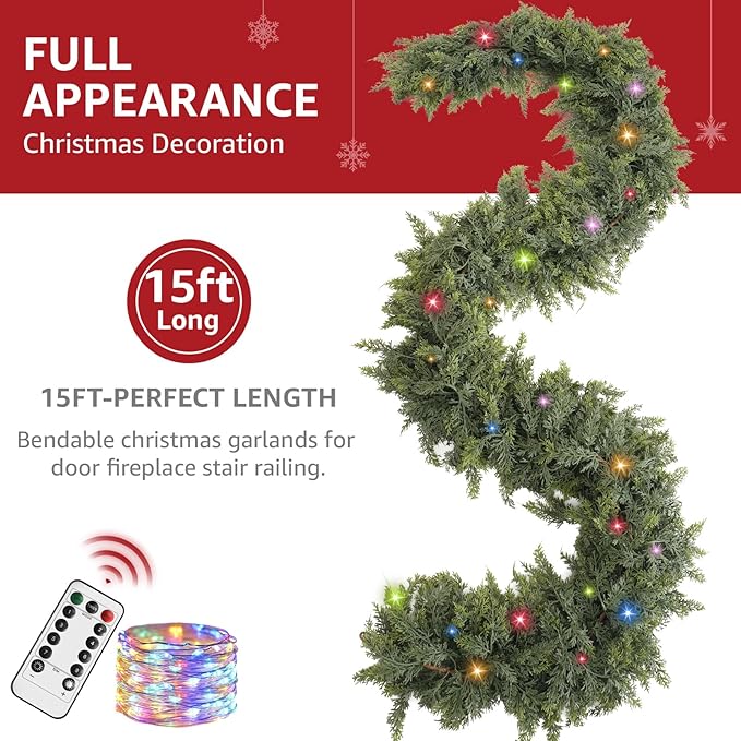 Cedar Christmas Garland with Lights for Mantle - Decorations 15ft Realistic Lighted Faux Pine Garlands for Xmas Home Decoration Indoor Stairs Railing Fireplace Outdoor 15 ft Prelit Garland Door Decor