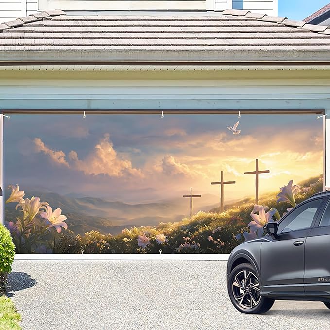 Easter Cross and Lilies Garage Door Banner 7x16FT, Religious Easter Decoration with Crosses and Lilies, Outdoor Spring Holiday Decoration for Yard and Garage