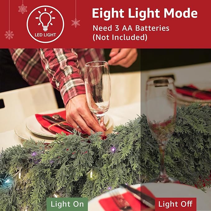 Cedar Christmas Garland with Lights for Mantle - 2 pack Decorations 6 ft Realistic Lighted Faux Pine Garlands for Xmas Home Decoration Indoor Stairs Railing Fireplace Outdoor Prelit Garland Door Decor