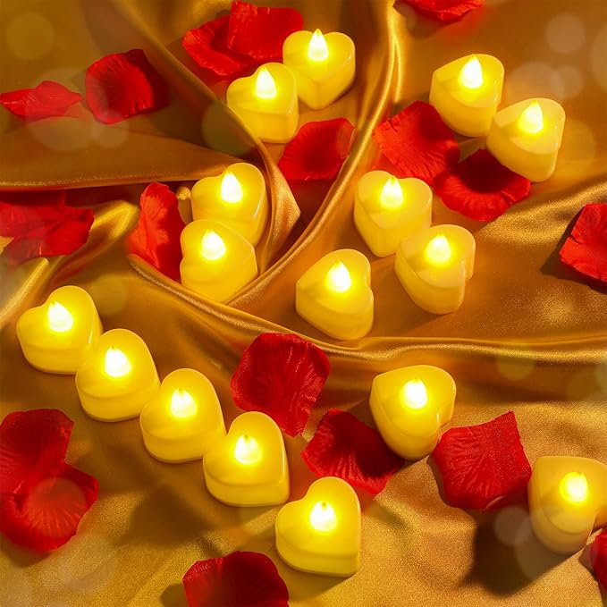 Coume 6000 Pcs Artificial Rose Petals with 120 Pcs Heart LED Tea Lights Candles Kit Valentines Rose Petals Candles Set for Romantic Night Anniversary Proposal Wedding Date Hotel(Warm White Light)