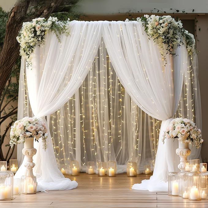 30x10ft White Tulle Backdrop Curtain with Lights String for Parites, Sheer Photo Backdrop Curtains with Lights for Wedding Backdrop Ceremony Reception Bridal Shower Baby Shower Birthday Party