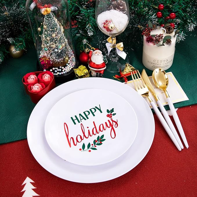 Supernal 150pcs Christmas Plastic Plates Disposable Holiday Plates,Christmas Dinnerware with Xmas Plate,White and Gold Plastic Silverware, Disposable Party Plate with "Happy Holiday"