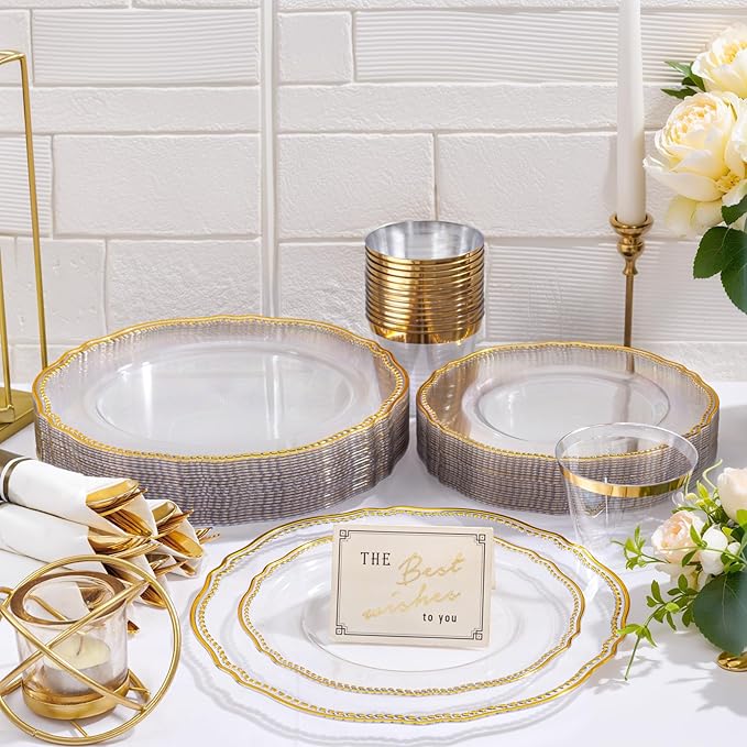 Hioasis 350pcs Clear Gold Plastic Plates - Gold Plastic Dinnerware Set Includes 50 Dinner Plates, 50 Dessert Dinnerware, 50 Cups, 50 Rolled Napkin Cutlery Perfect for Wedding & Party