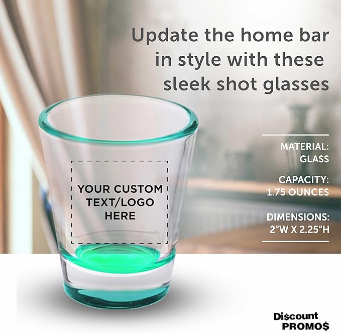 DISCOUNT PROMOS Custom Shot Glasses 1.75 oz. Set of 10/50/100, Personalized Bulk Pack - Great for Wedding Favors, Bachelorette Decorations, Party Favors - Green Bottom Color