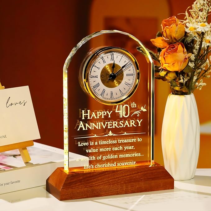YWHL 40th Wedding Anniversary Clock Gifts for Parents, 40 Years Anniversary Romantic Gift for Couples, Table Clock Glass Presents with Wooden Light Base for Home Decoration (Battery not Included)
