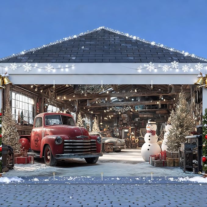 Christmas Garage Door Banner 7x16FT, Vintage Red Truck and Snowman Garage Cover, Outdoor Xmas Decorations for Garage Doors Driveways Holiday Parties