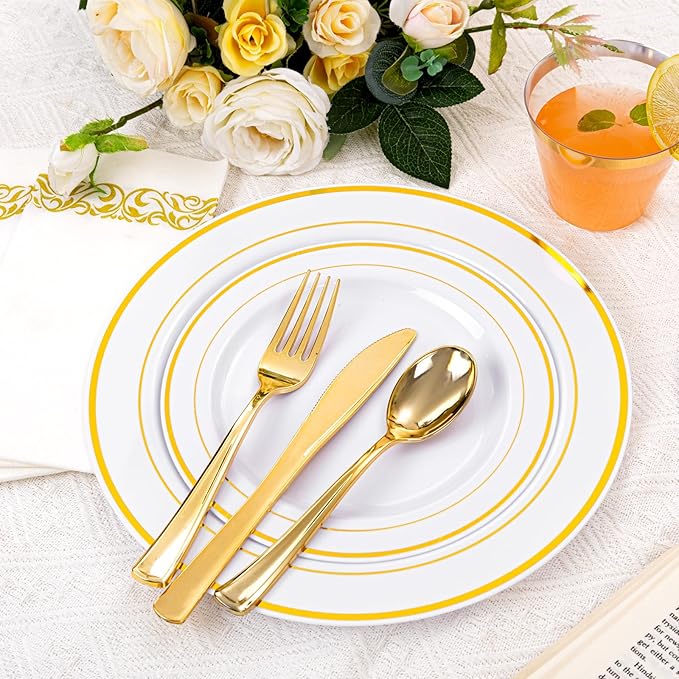 175 Pcs Gold Dinnerware Set, Plastic Plates Disposable for 25 Guests Include:25 Gold Rim Dinner Plates, 25 Dessert Plates, 25 Paper Napkins, 25 Cups, 25 Silverware Set Perfect for Party