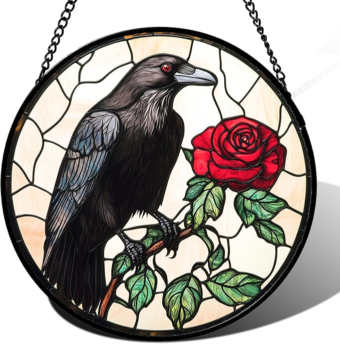 Stained Glass Window Hanging - Black Crow Red Rose Suncatcher for Doors Garden Patio Bird Sun Catchers Decor Christmas Mother's Day Birthday Gifts for Women Men Mom Nana Friend 11.8 in