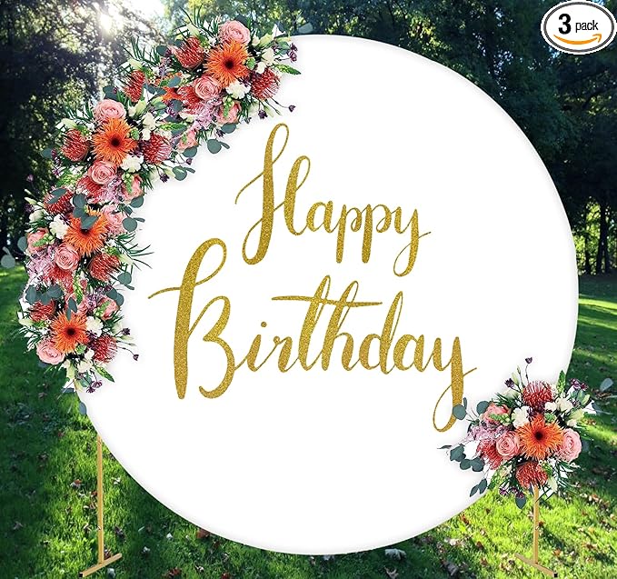 Gold Happy Birthday Sign Round Backdrop Cover 6.5ft,White Circle Background Cover with 4Clips, Round Backdrop for Photography Gold Happy Birthday Kids Baby Party Decoration Banner