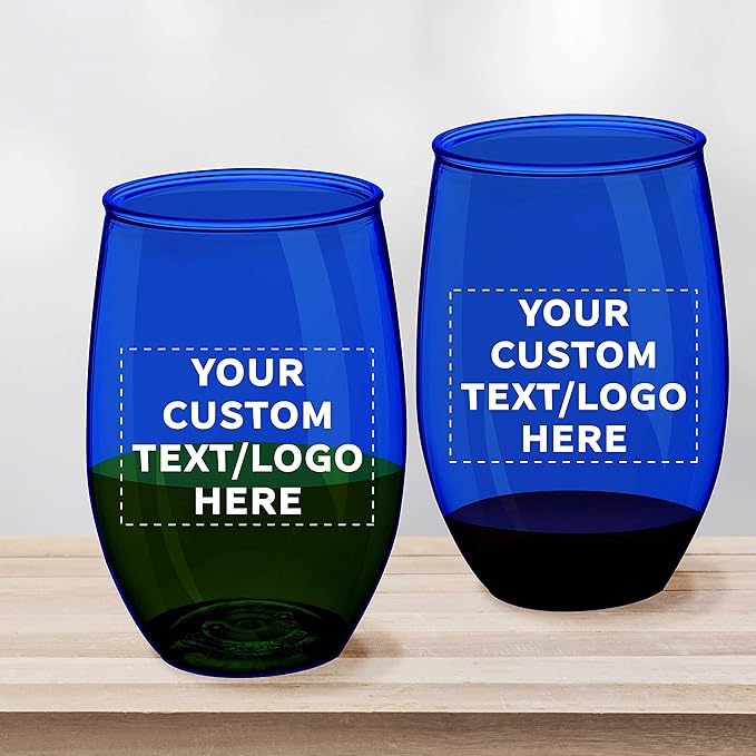 Custom Plastic Stemless Wine Glasses 16 oz. Set of 10, Personalized Bulk Pack - BPA Free, Great for Outdoor Lounges, Poolside, Parties and Other Events - Blue