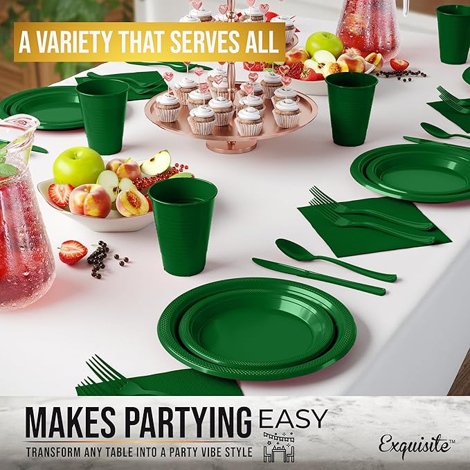 350 Pcs Emerald Green Plastic Plates For Party, Emerald Green Disposable Plates Set, 50 Of Each 9" Dinner Plate Set, 7" Dessert Plate, Cups, Napkins & Cutlery Plastic Dinnerware Exquisite