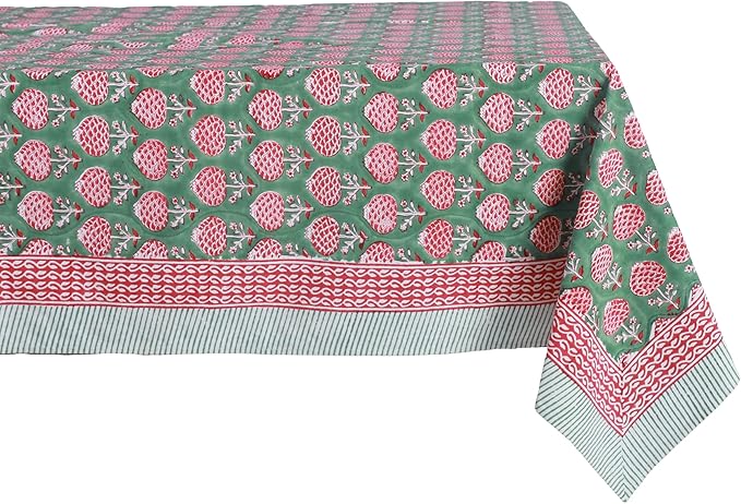 ATOSII Roma Green 100% Cotton Rectangle Spring Summer Tablecloth, Handblock Floral Table Cloth Linen for Kitchen Dining I Parties Wedding Outdoors Easter Picnics Holidays I 72 X 120 Inches I 10 Seater
