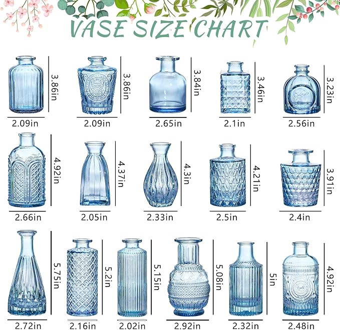 16pcs Glass Bud Vase Set, Small Blue Flower Vases for Centerpieces in Bulk, Mini Vintage Vase for Wedding, Home Decor, Table Decoration