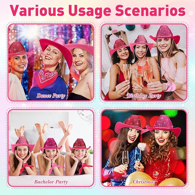 Coume 12 Pcs Sparkly Adults Cowboy Hat and Bandanas Women Men Western Glitter Cowgirl Party Hats with Adjustable Drawstring