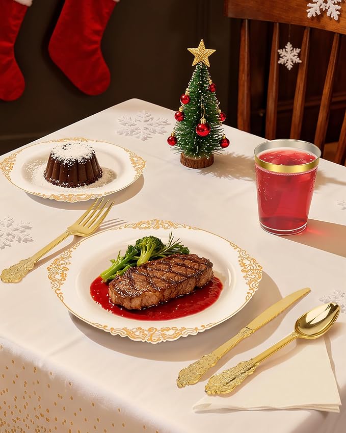 Feagar 175PCS Disposable Plates Set for 25 - Elegant Gold Dinnerware for Party, Wedding, Holiday & Birthday, Includes Dinner & Dessert Plates, Cutlery, Cups, Napkins, Tablecloth & Balloon Decor