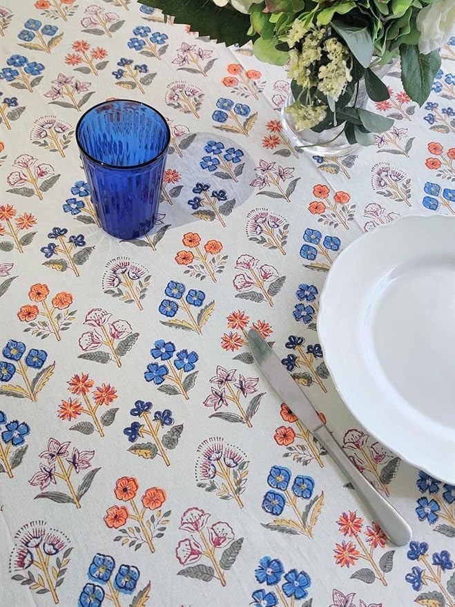 ATOSII Flora Bloom 100% Cotton Square Boho Fall Tablecloth, Handblock Floral Table Cloth Linen for Kitchen Dining I Parties Wedding Outdoors Christmas Thanksgiving I Fall Home Decor 60 X 60 Inches